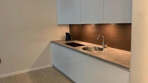 A small kitchenette with a sink, a kettle, and a stovetop. - Central Warsaw Home with Pool (Warszawa)