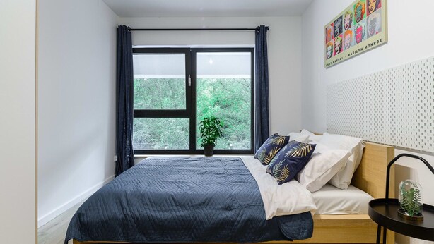 Un dormitorio con cama, ventana, planta y una obra de arte en la pared.
