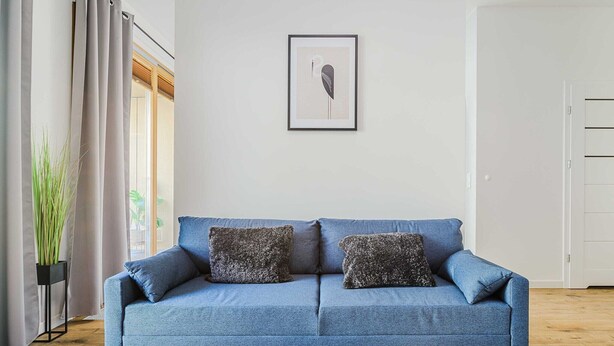 Ein blaues Sofa mit zwei strukturierten Kissen, ein gerahmtes Kunstwerk an der Wand und ein Topfpflanzen neben einem Fenster.