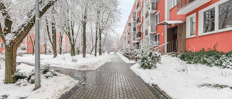 Un sentier enneigé bordé d’arbres et de bâtiments d’habitation aux façades rouges.