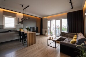 A modern apartment with a kitchen, dining area, and living room. - Character house with Spa and seaview (Łódź)