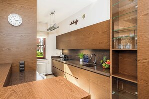 A modern kitchen with wooden cabinetry, a built-in sink, and a countertop with a toaster and a plant. - Parkside Flat with Private Garage (Łódź)