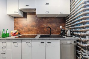 A modern kitchen with a stainless steel dishwasher, a sink, and a Bosch coffee maker. - Apartment near Moniuszko Park (Łódź)