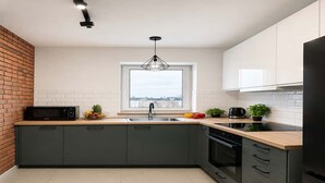 A modern kitchen with a large window, a built-in oven, and a microwave. - Modern Romantic CIty Getaway (Łódź)