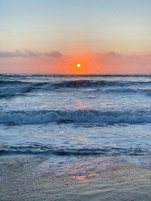 Escena de playa con olas y un atardecer.