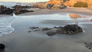 A beach with rocky outcrops and a calm sea.