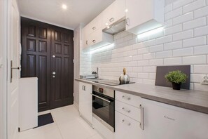 Eine moderne Küche mit weißen Schränken, einem eingebauten Backofen, einer Edelstahlspüle und einem kleinen Blumentopf auf der Arbeitsplatte.
