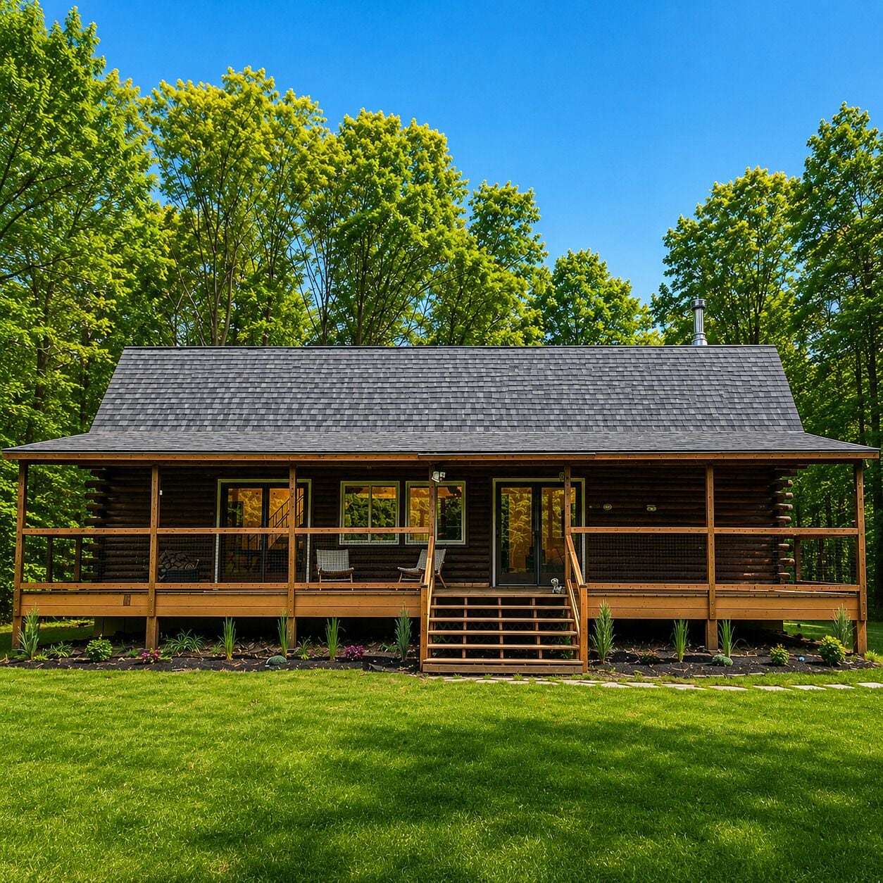 A log cabin with a porch, a chimney, and a view of the surrounding forest.