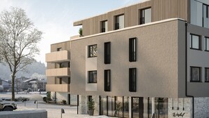 Um edifício com vários andares e design arquitetônico moderno, com varandas e grandes janelas.
