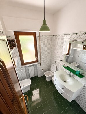 Regadera, secadora de cabello, bidet, toallas