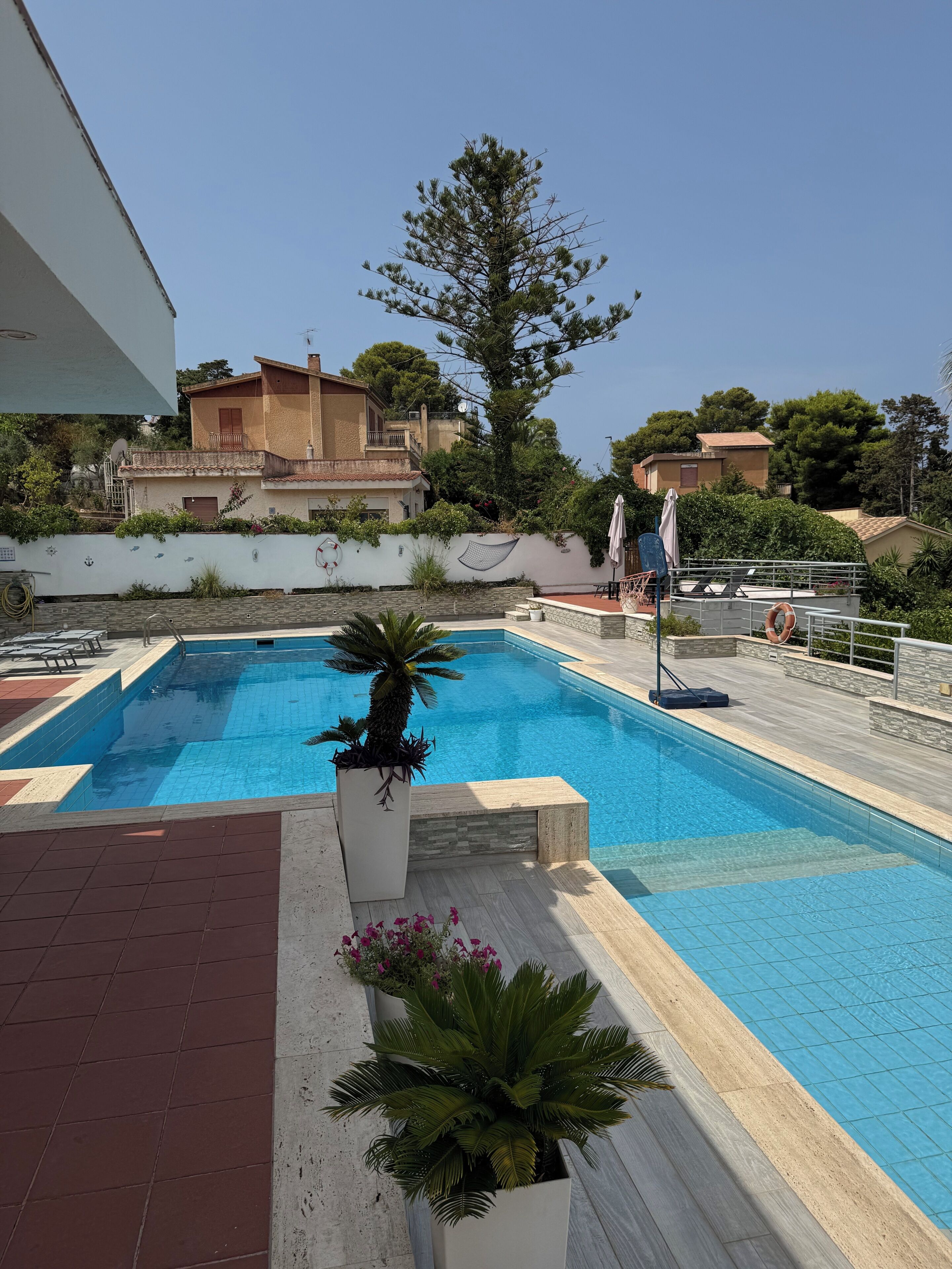 A swimming pool with a tiled deck, surrounded by potted plants and a white wall.