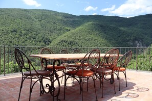 An outdoor dining area with a table and chairs, surrounded by a metal fence, overlooking a forested mountain.