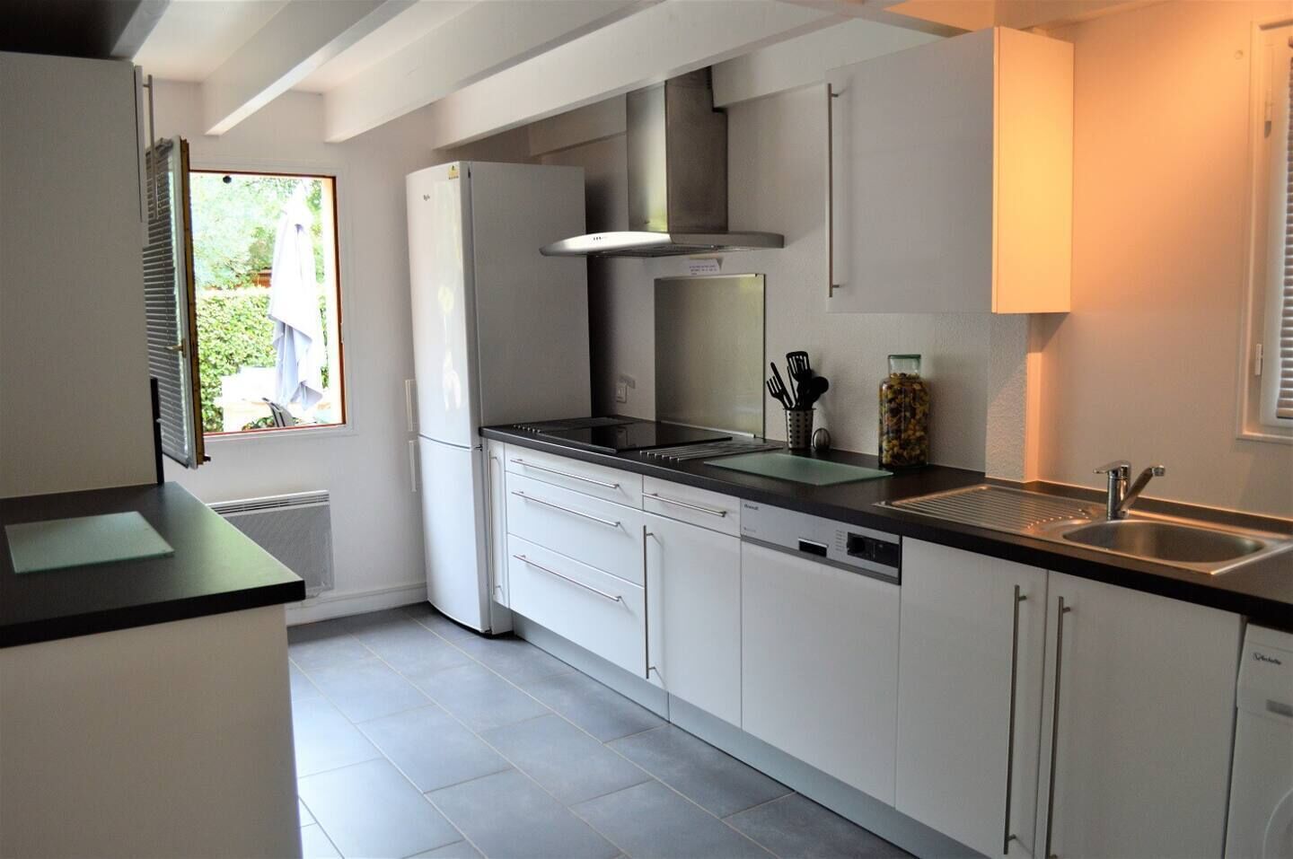 A modern kitchen with white cabinetry, a stainless steel sink, and a built-in dishwasher.