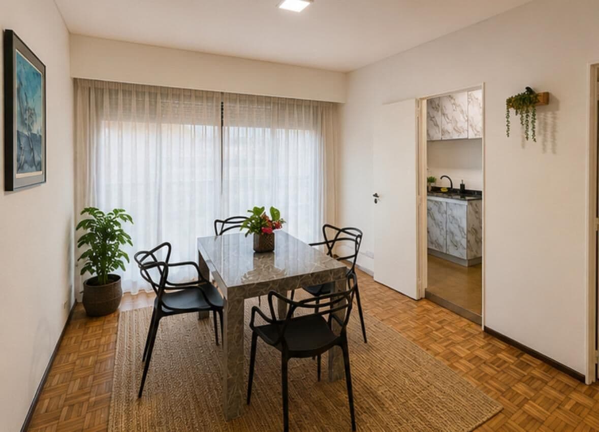 A dining area with a table and chairs, a potted plant, and a view of a kitchen through an open door.