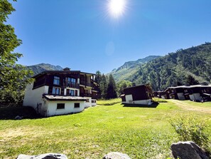Ein traditionelles Chalet mit einem geneigten Dach, umgeben von üppiger Vegetation und Bergen im Hintergrund.