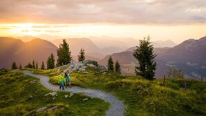 En sti i bjergene med tydelig spor, omgivet af græs og træer, der fører ned i en dal.