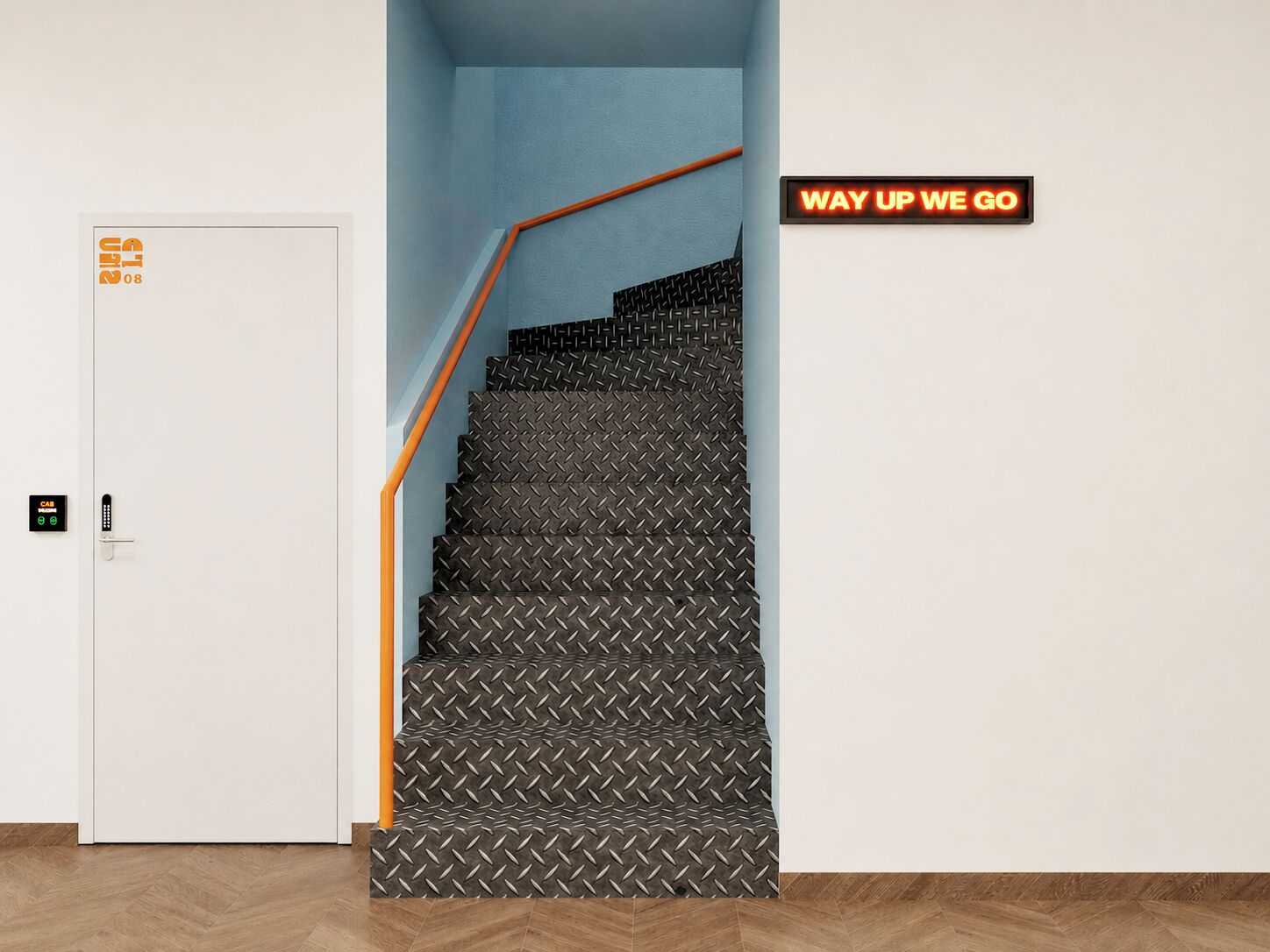 A staircase with a diamond-patterned carpet, a white door with a keycard reader, and a sign that reads 'WAY UP WE GO'.