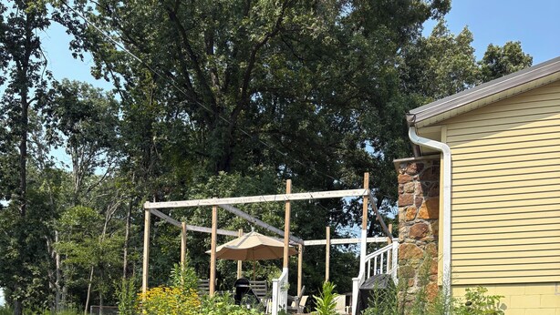 A garden with a pergola, a stone wall, and a variety of plants and flowers. - Tranquil 3-bedroom house with AC in charming Bloomington (Bloomington)