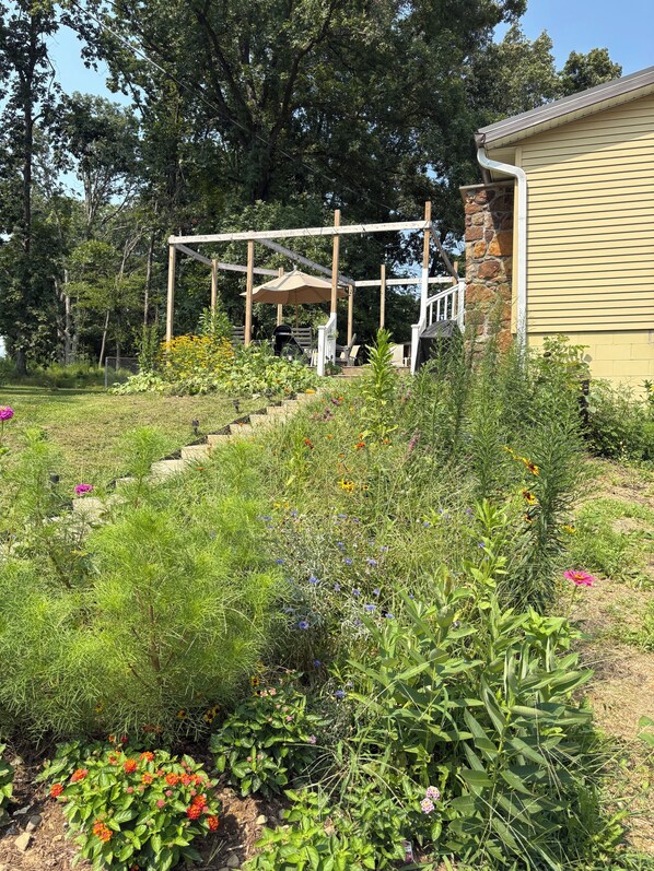 Een tuin met een pergola, een stenen muur en verschillende planten en bloemen.