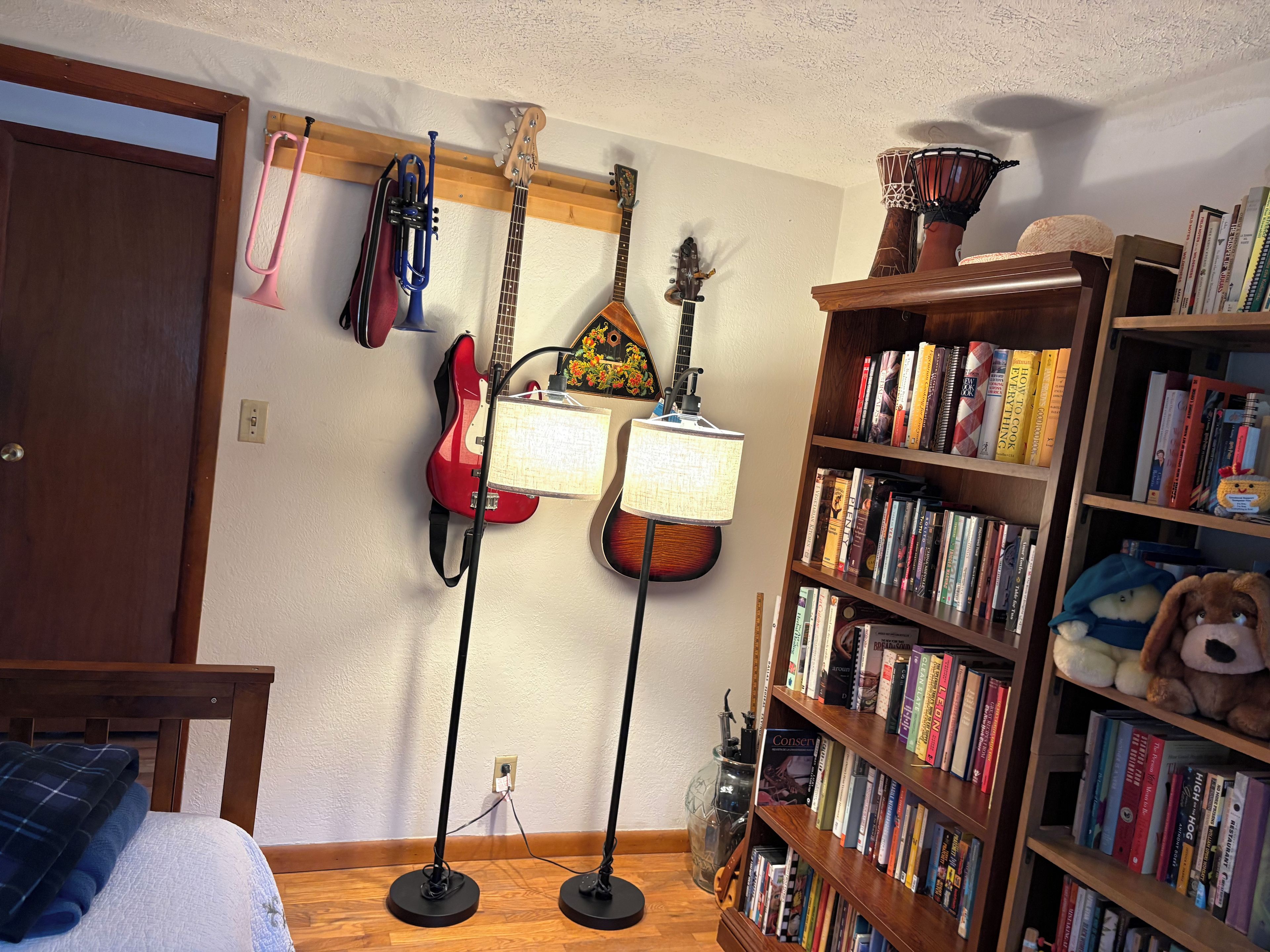 Una habitación con una estantería, una guitarra, una lámpara y un peluche.
