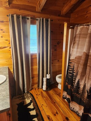 Ein Badezimmer einer Holzhütte mit Toilette, Waschbecken und Duschvorhang.