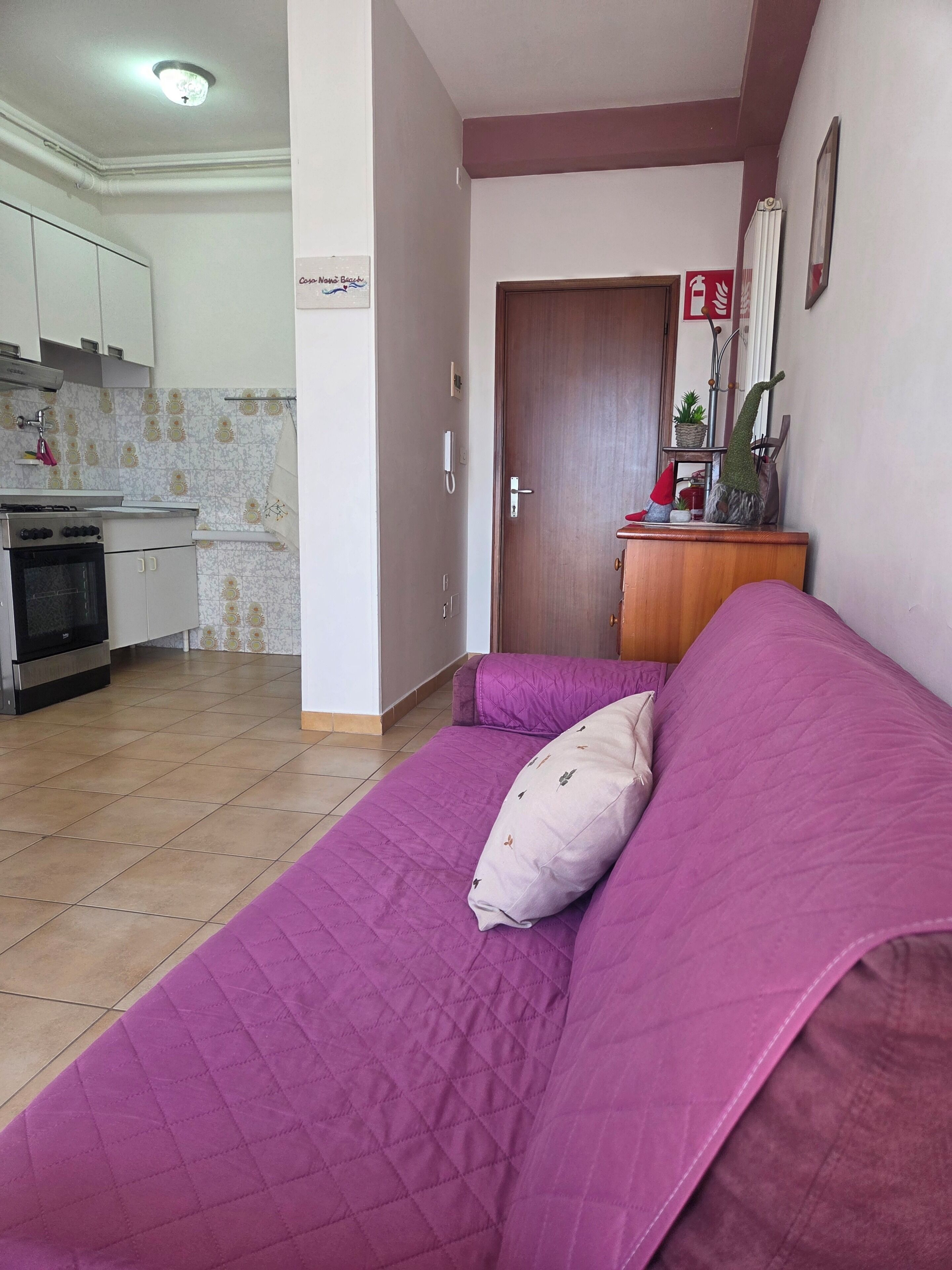 Um quarto com um sofá roxo, uma área de cozinha com armários e um fogão, e uma porta de madeira.