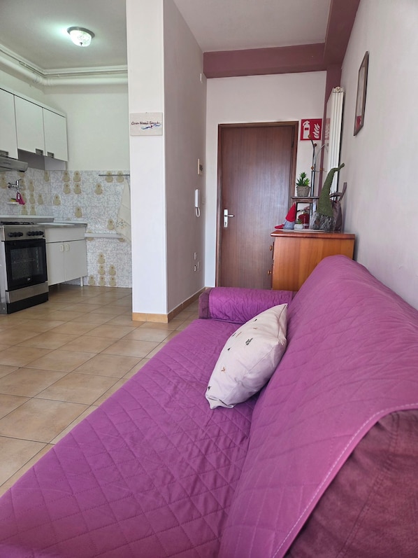 Una habitación con un sofá púrpura, una zona de cocina con armarios y una estufa, y una puerta de madera.