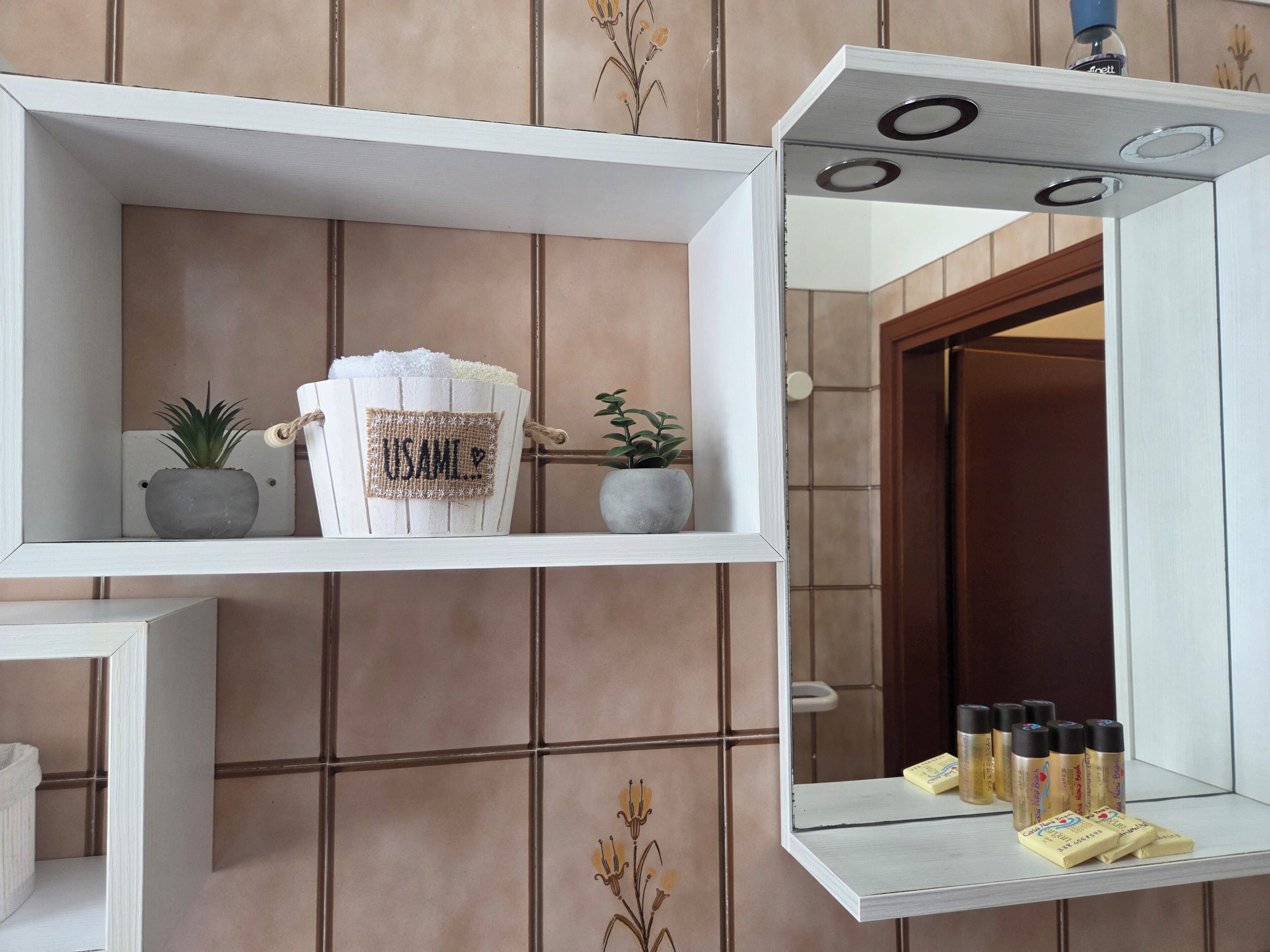 A bathroom with a mirror, shelves, and toiletries.