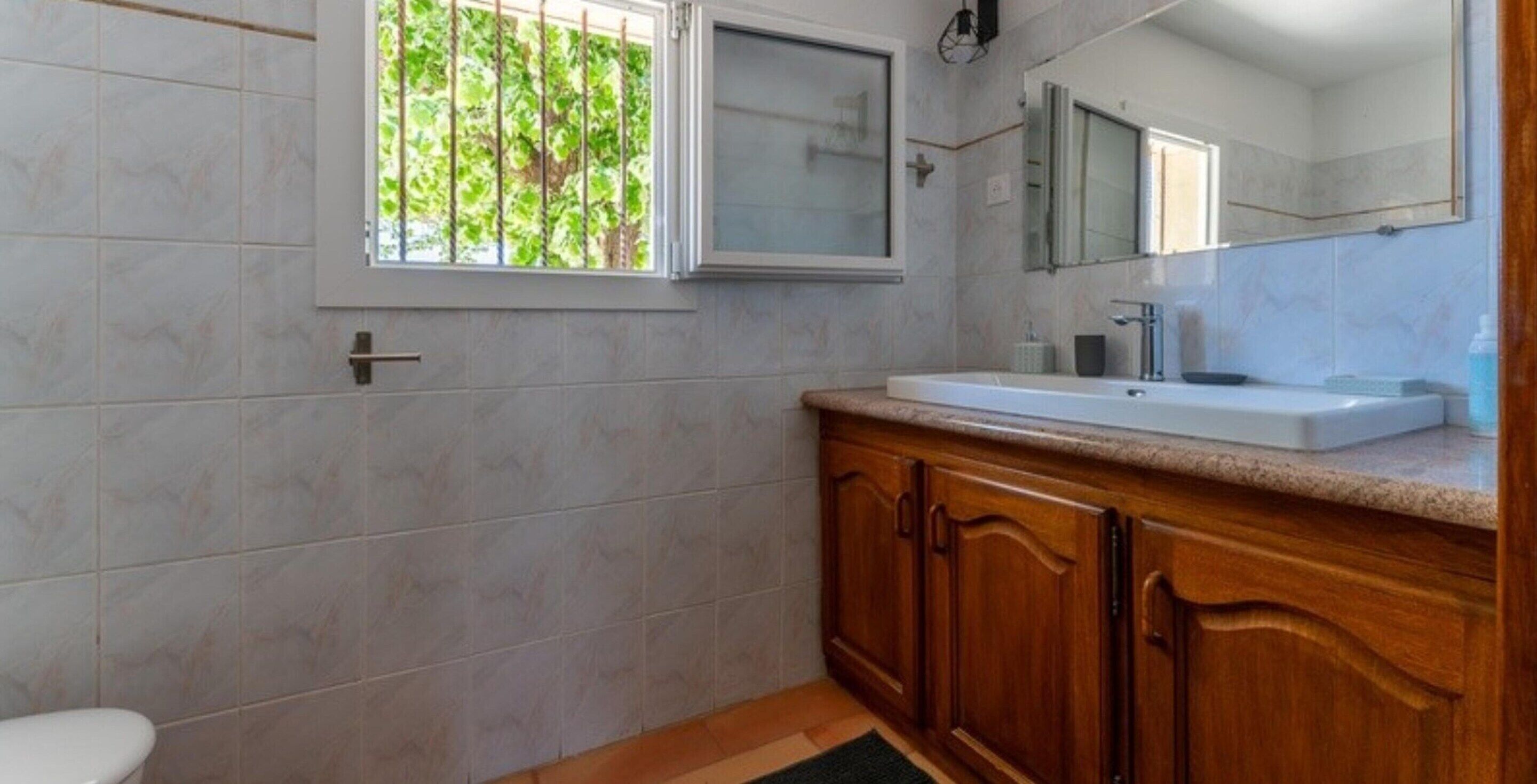 Un baño con inodoro, lavamanos y ventana con vistas a la vegetación.