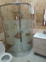 Casa de banho com chuveiro em cabine de vidro, sanita e lavatório com espelho.