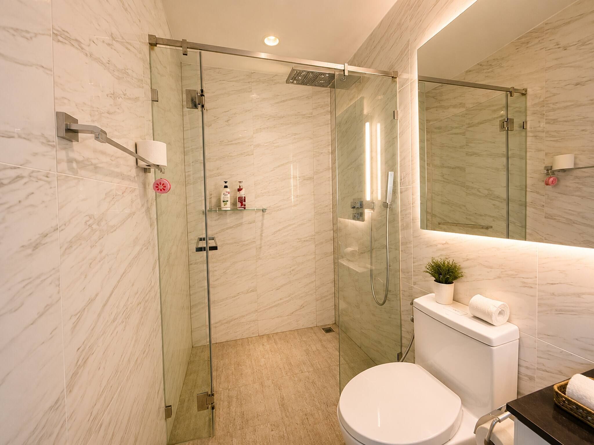A modern bathroom with a glass-enclosed shower, a toilet, a sink, and a mirror.
