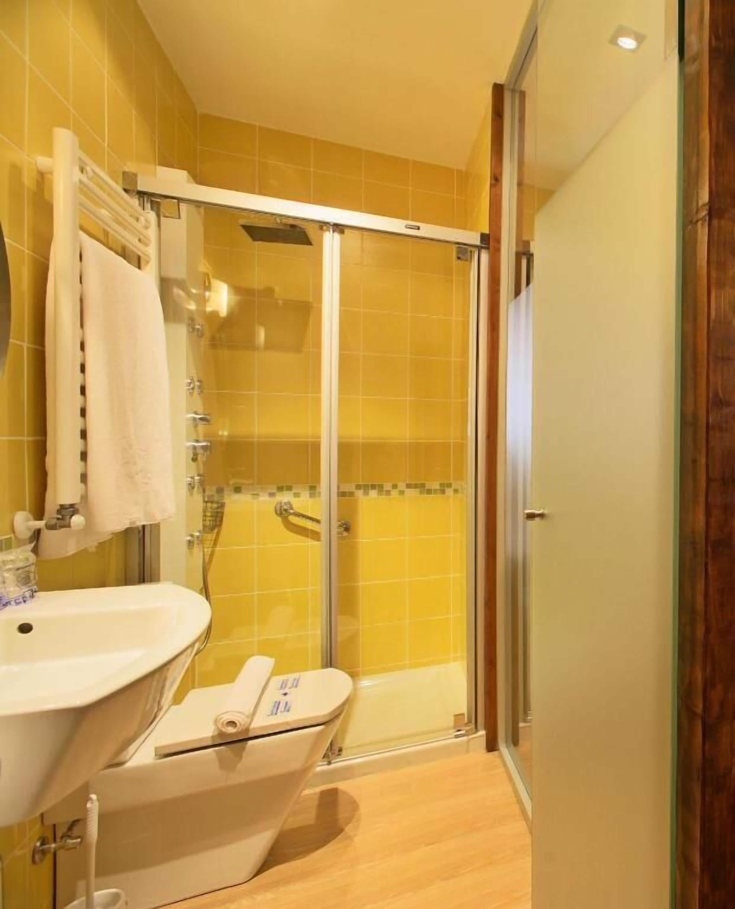 Habitación estándar doble | Baño | Ducha, artículos de higiene personal gratuitos y secador de pelo