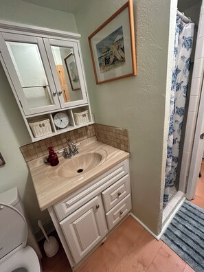 A bathroom with a sink, mirror, and a framed picture on the wall.