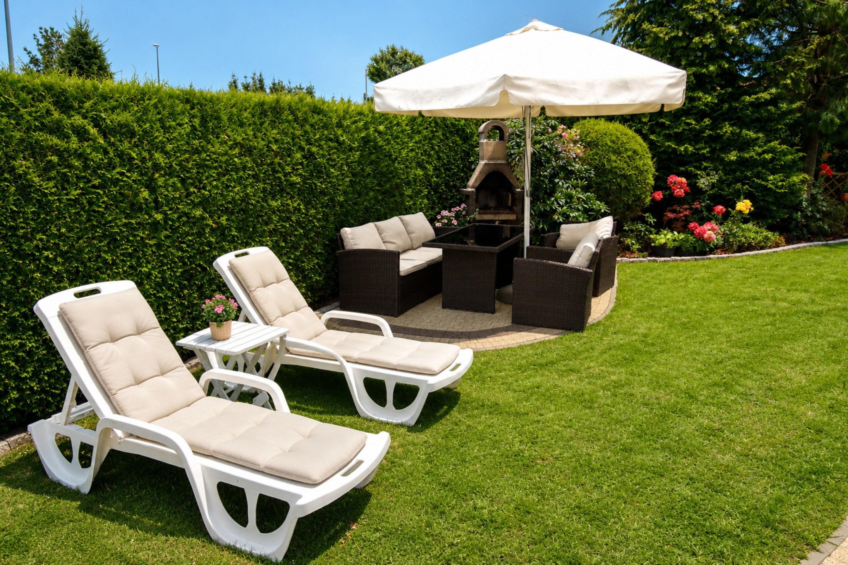 An outdoor seating area with lounge chairs and a table, surrounded by a hedge and flowering plants.
