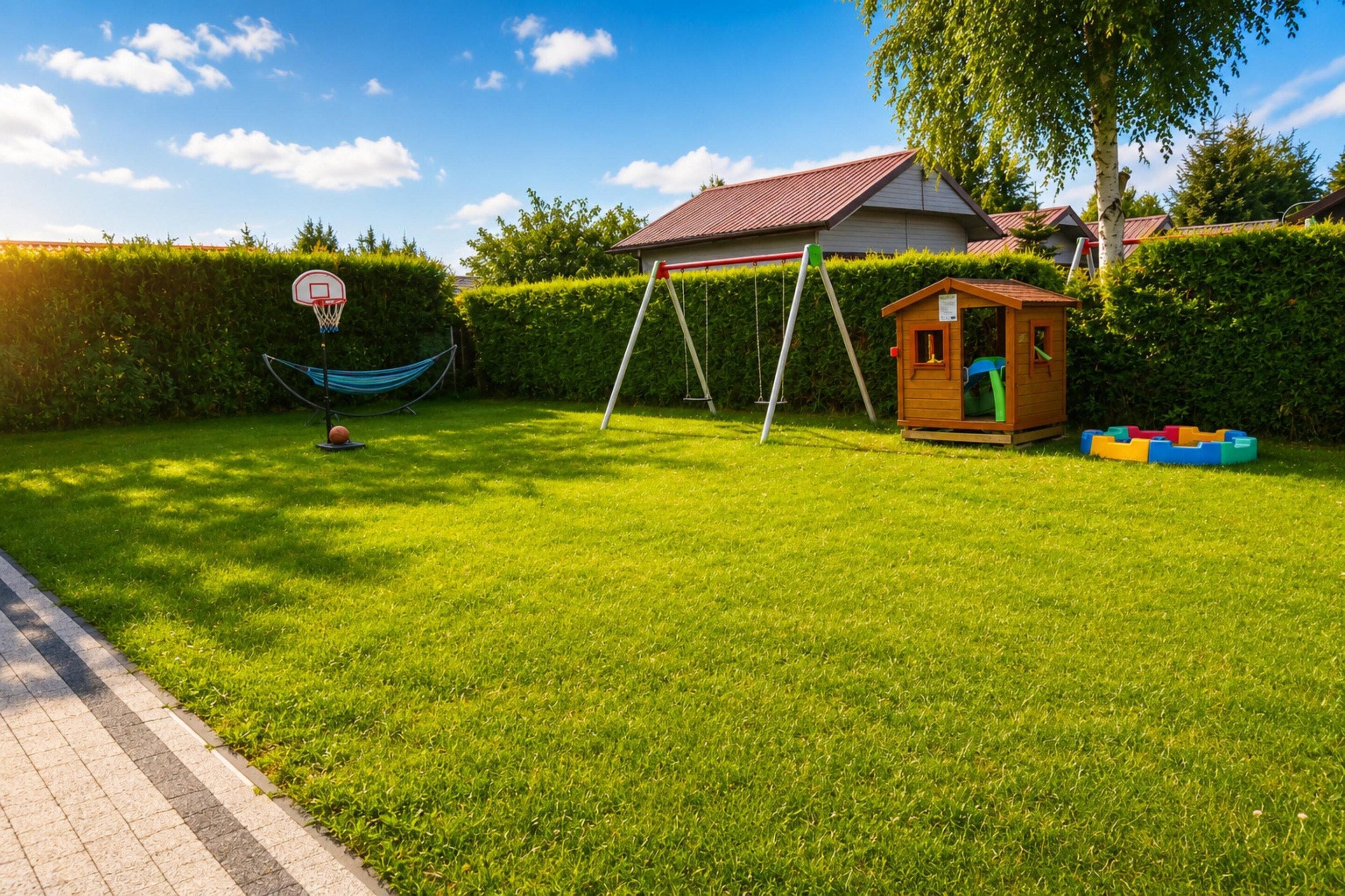 Une pelouse bien entretenue, agrémentée d’une balançoire, d’une petite maison de jeu en bois et d’un panier de basket.