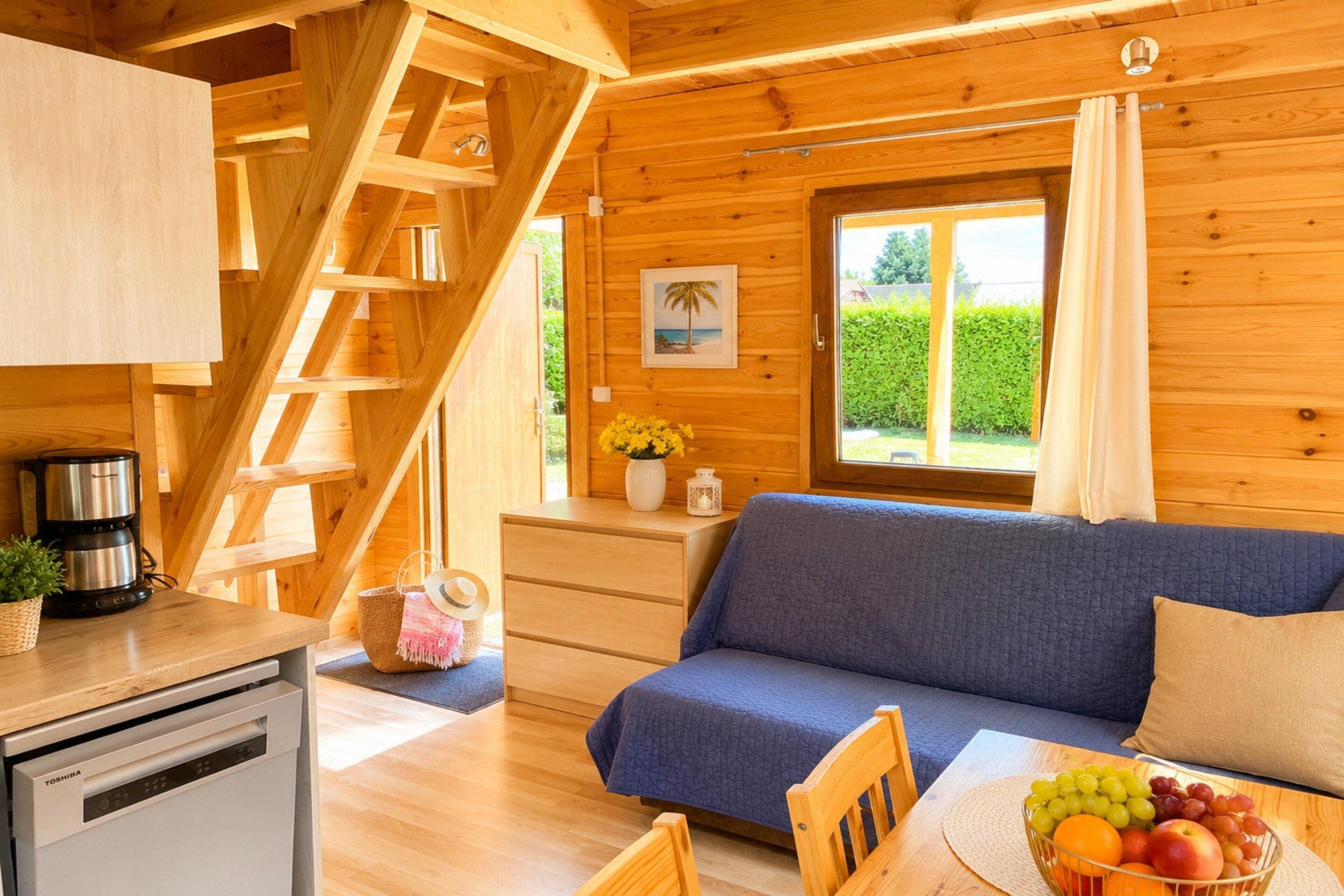 A wooden cabin interior with a sofa, a dining table with fruit, a coffee maker, and a staircase.