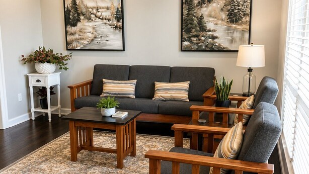 Ein Wohnzimmer mit dunklem Holzboden, einem grauen Sofa, einem Holztisch und zwei Sesseln mit Kissen. An der Wand hängen zwei Gemälde, eine Deckenventilator und ein Fenster mit Jalousien.