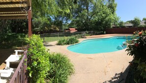 Outdoor pool - 3BR Ranch House with Pool, Shaded Yard, Peacocks & Creek (Sacramento)