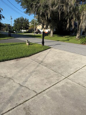A residential street with a sidewalk, a mailbox, and a house in the background.