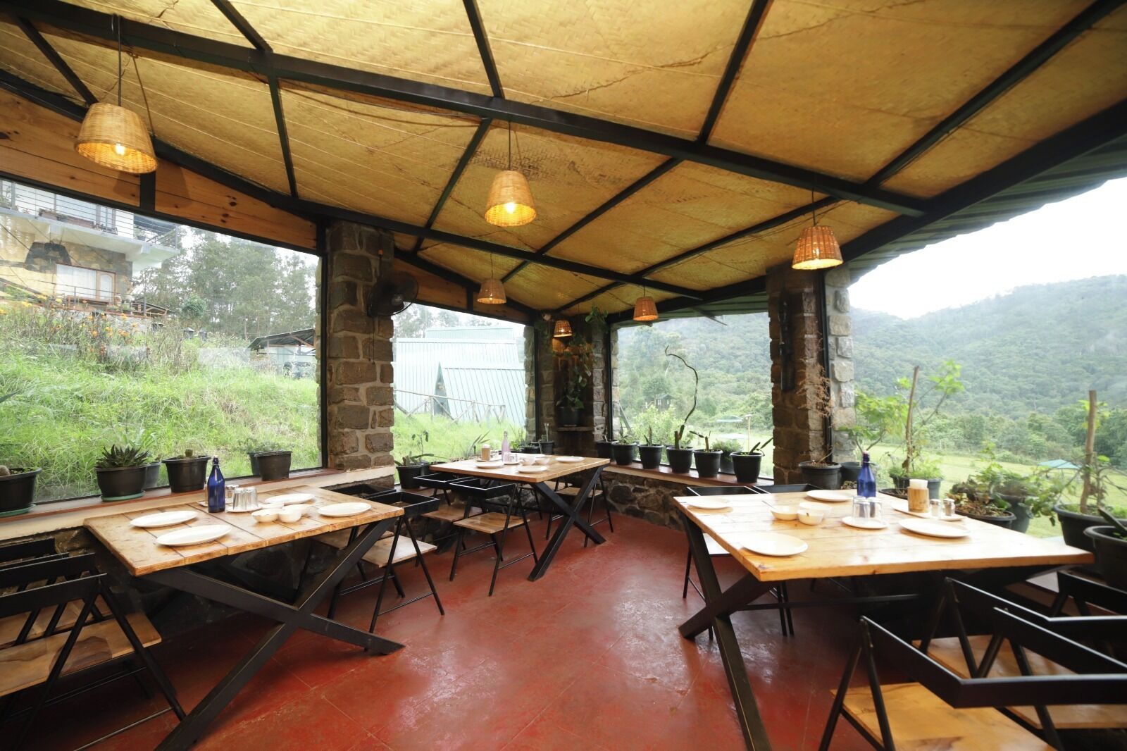 Un área de comedor al aire libre con mesas y sillas, rodeada de plantas en macetas y vistas a zonas verdes.