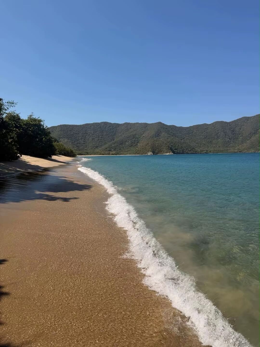A beach with clear water, a sandy shore, and a forested hillside in the background.