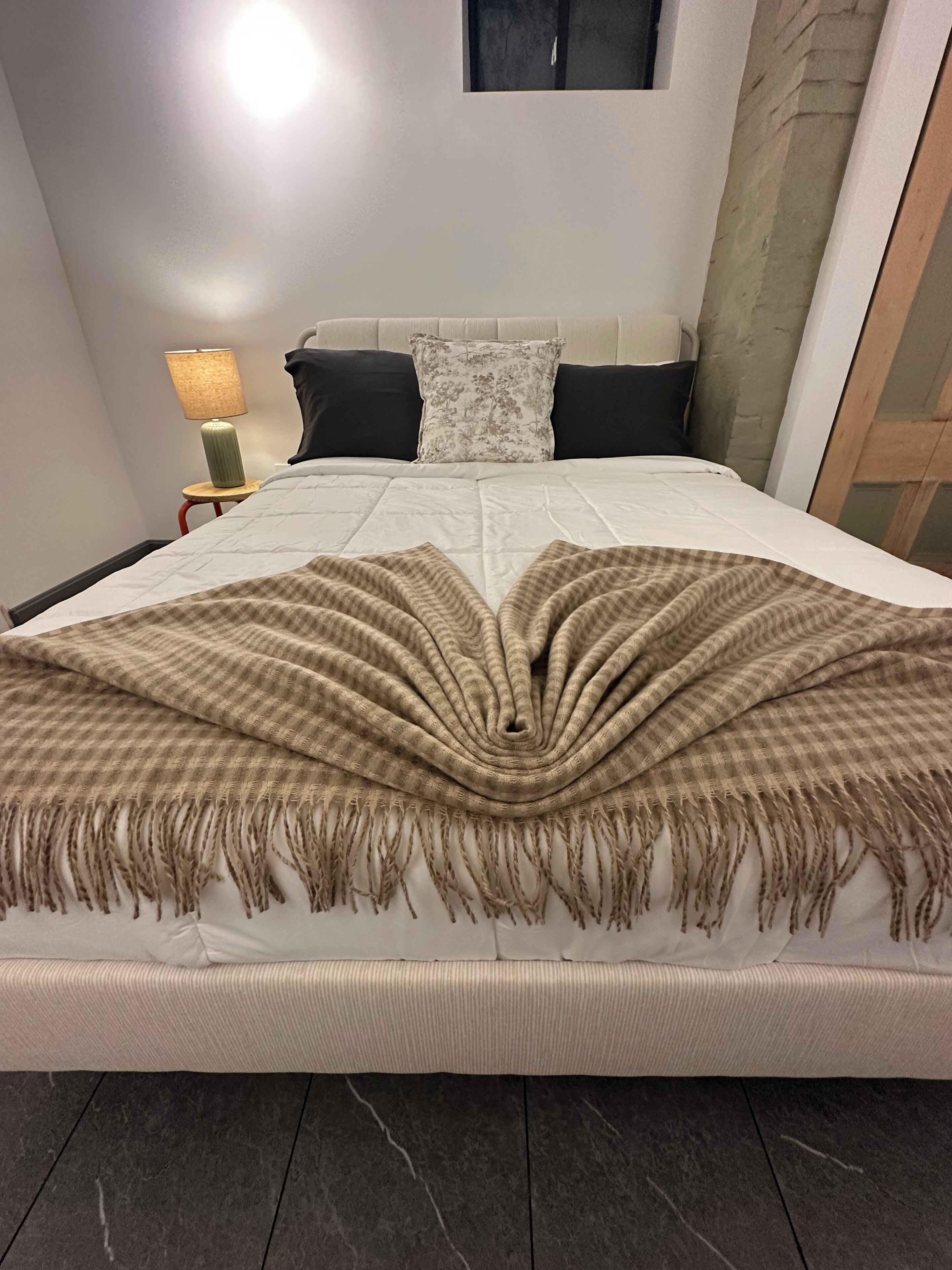 A bed with a checkered blanket and pillows, a bedside lamp, and a wall-mounted picture.