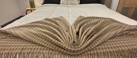 A bed with a checkered blanket and pillows, a bedside lamp, and a wall-mounted picture.
