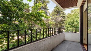 Ein Balkon mit Betonboden, Metallgeländer und Blick auf eine grüne Landschaft mit Bäumen.