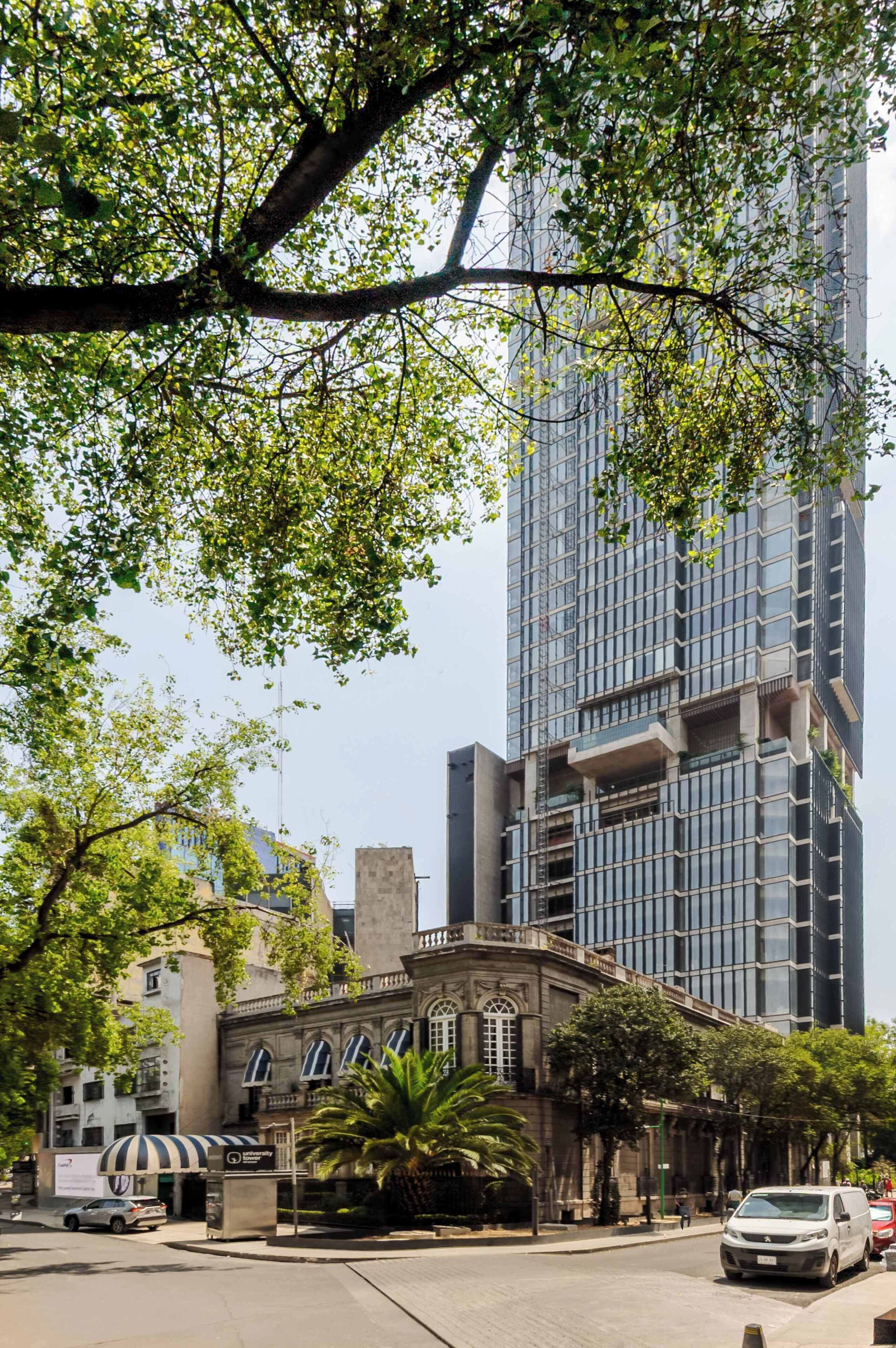 Un bâtiment à la façade moderne, un arbre au premier plan et une voiture garée.