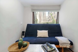 Ein kleiner, moderner Wohnraum mit einem dunkelblauen Sofa, einem weißen Kissen, einer Fernbedienung, einem Buch und einem gewebten Korb mit grünen Kakteen.