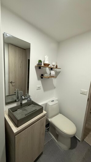 A compact bathroom with a sink, mirror, toilet, and a small shelf with a plant and toiletries. - "A Modern Retreat in the Heart of Quindío – VENTOLOFT" (Armenia)