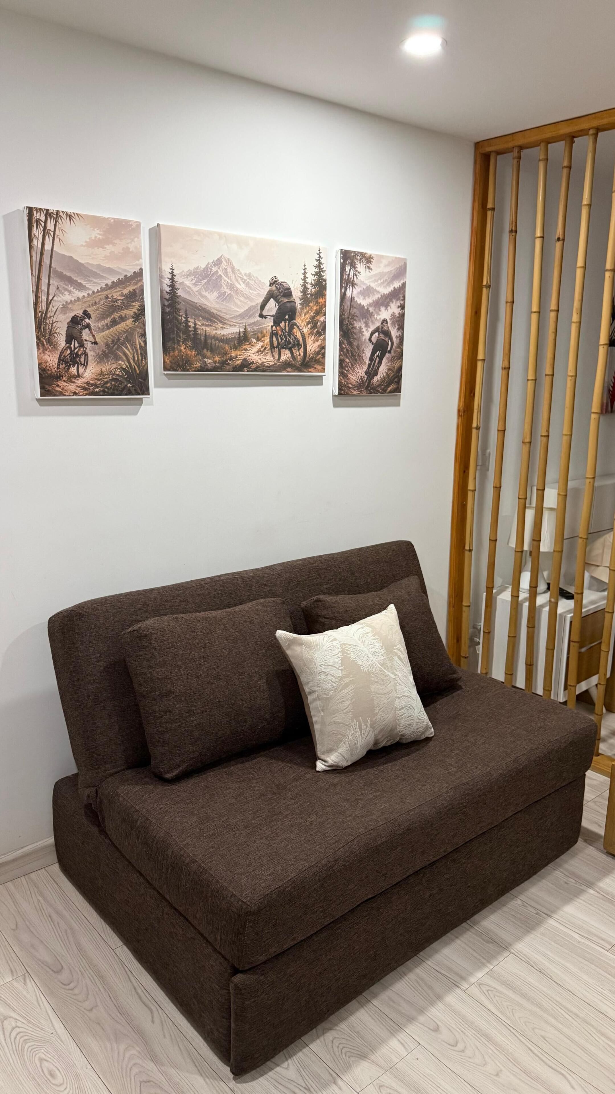 A brown sofa with a decorative pillow, a wooden floor, and three framed paintings on the wall.