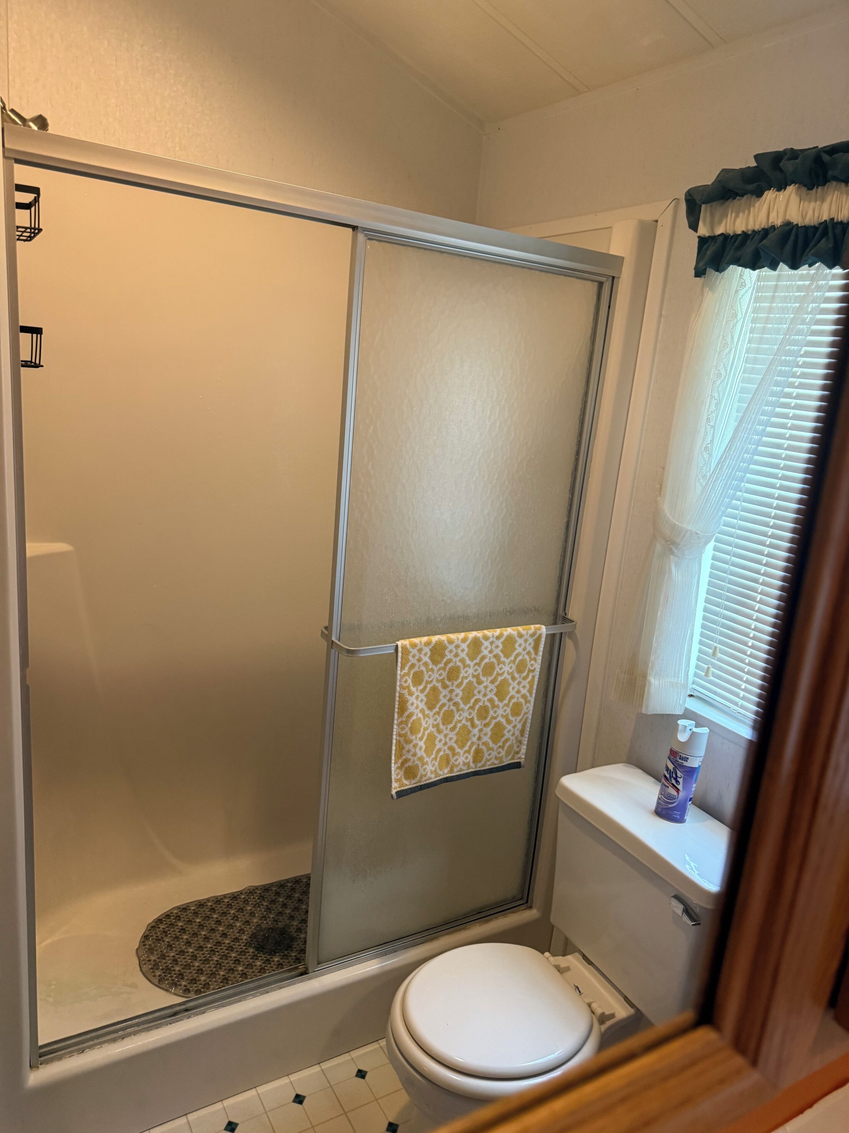 A bathroom with a glass-enclosed shower, a toilet, and a window with blinds.