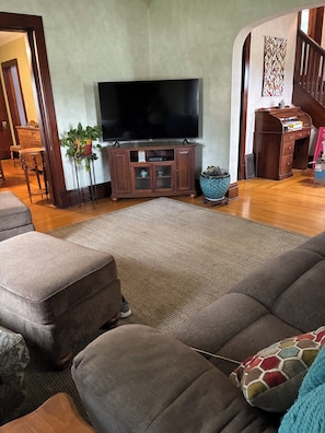 A living room with a flat-screen TV on a wooden cabinet, a large potted plant, and a patterned rug.